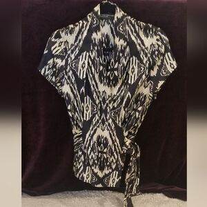 Jones New York Black and Cream Patterned Blouse Wrap Around